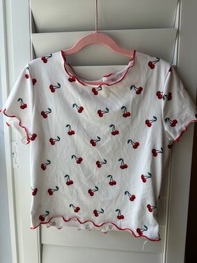 SHEIN White Cherry Print Short Sleeve Top with Red Trim